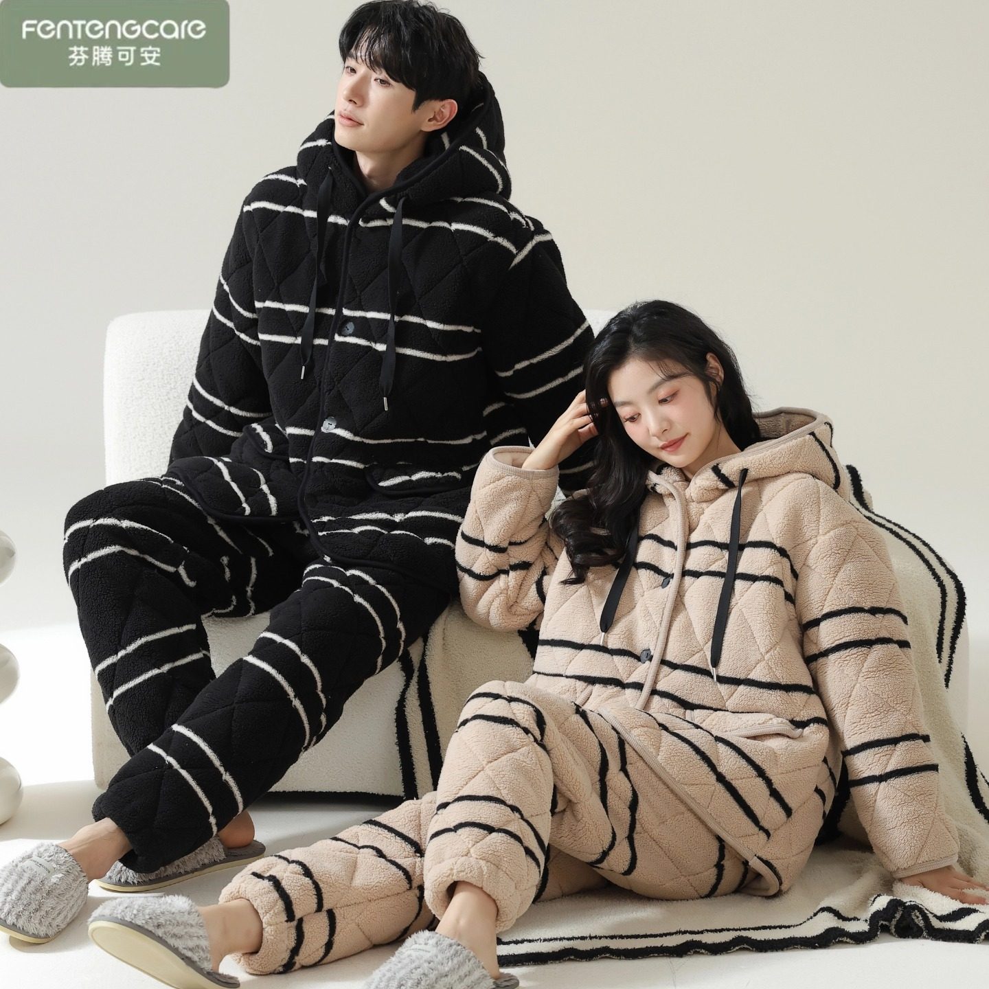 芬腾可安情侣睡衣女士秋冬季珊瑚绒加绒加厚套装三层夹棉法兰绒男