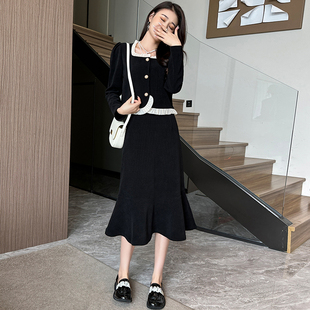 小个子法式复古黑色显瘦拼接荷叶边套装女150cm时尚百搭两件套女
