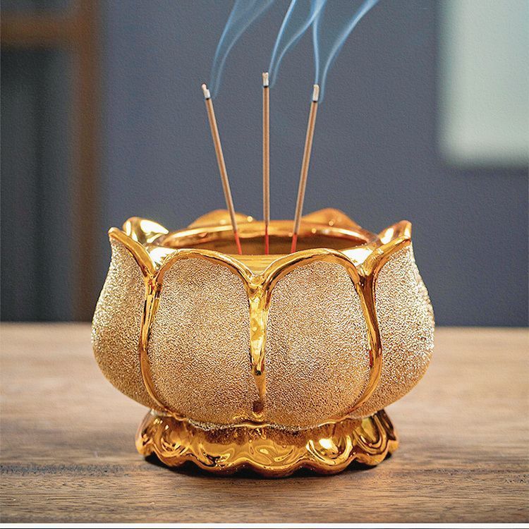 陶瓷沙金莲花香炉佛家陶瓷