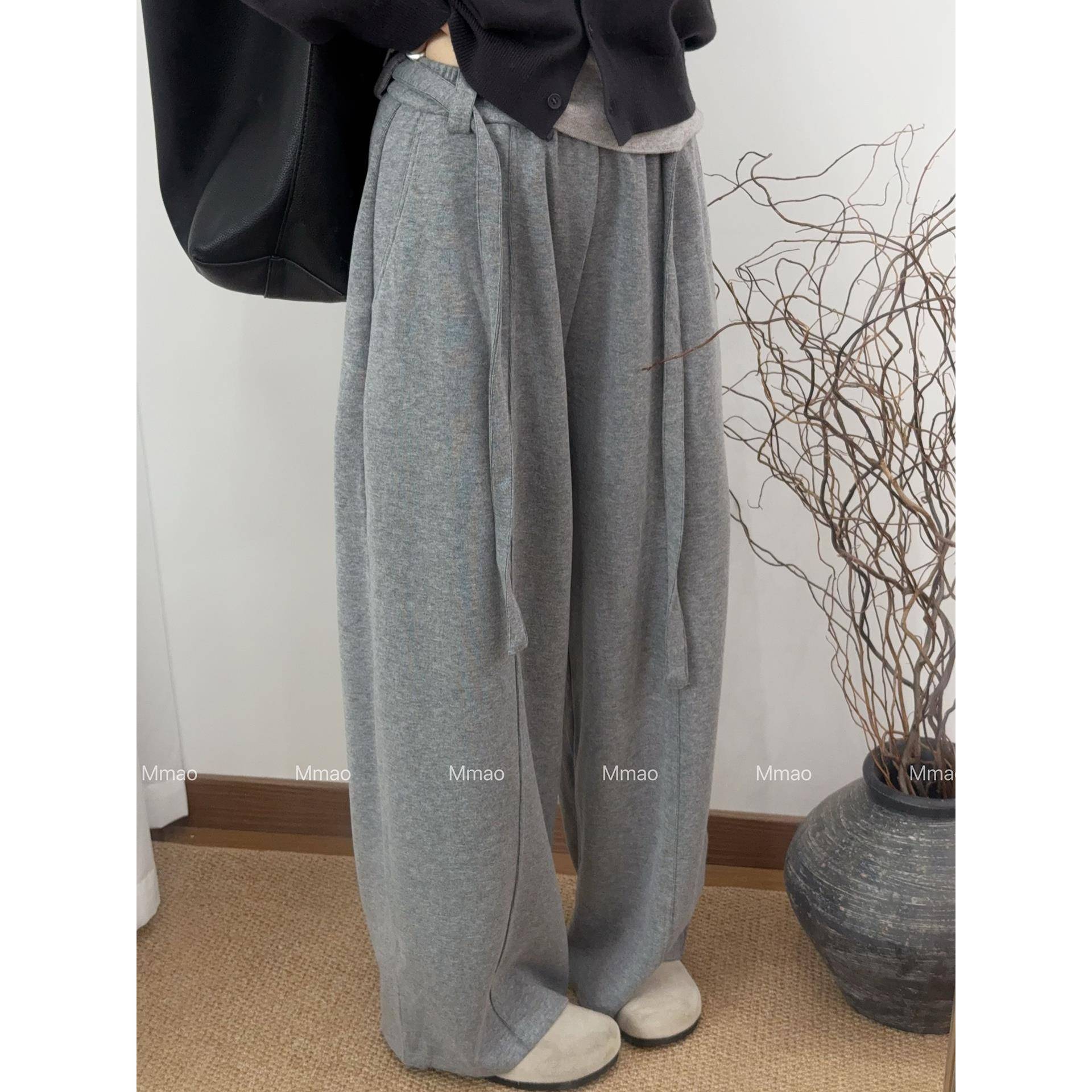 Mmao系带灰色糯米弯刀休闲裤女秋冬新款垂感拖地阔腿裤宽松卫裤子