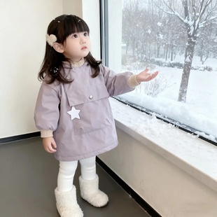 宝宝罩衣冬季薄绒风衣男女童宝宝三防连帽外穿罩衫加绒保暖春秋季