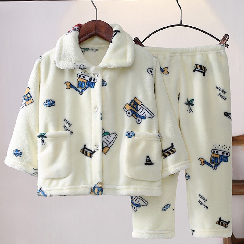春秋季儿童家居服男童女孩子中小童法兰绒卡通睡衣珊瑚绒开衫服装