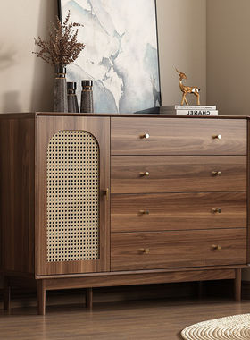 Tal客厅收纳柜斗柜小立柜复古藤编实木腿置物柜卧室靠墙储物柜抽