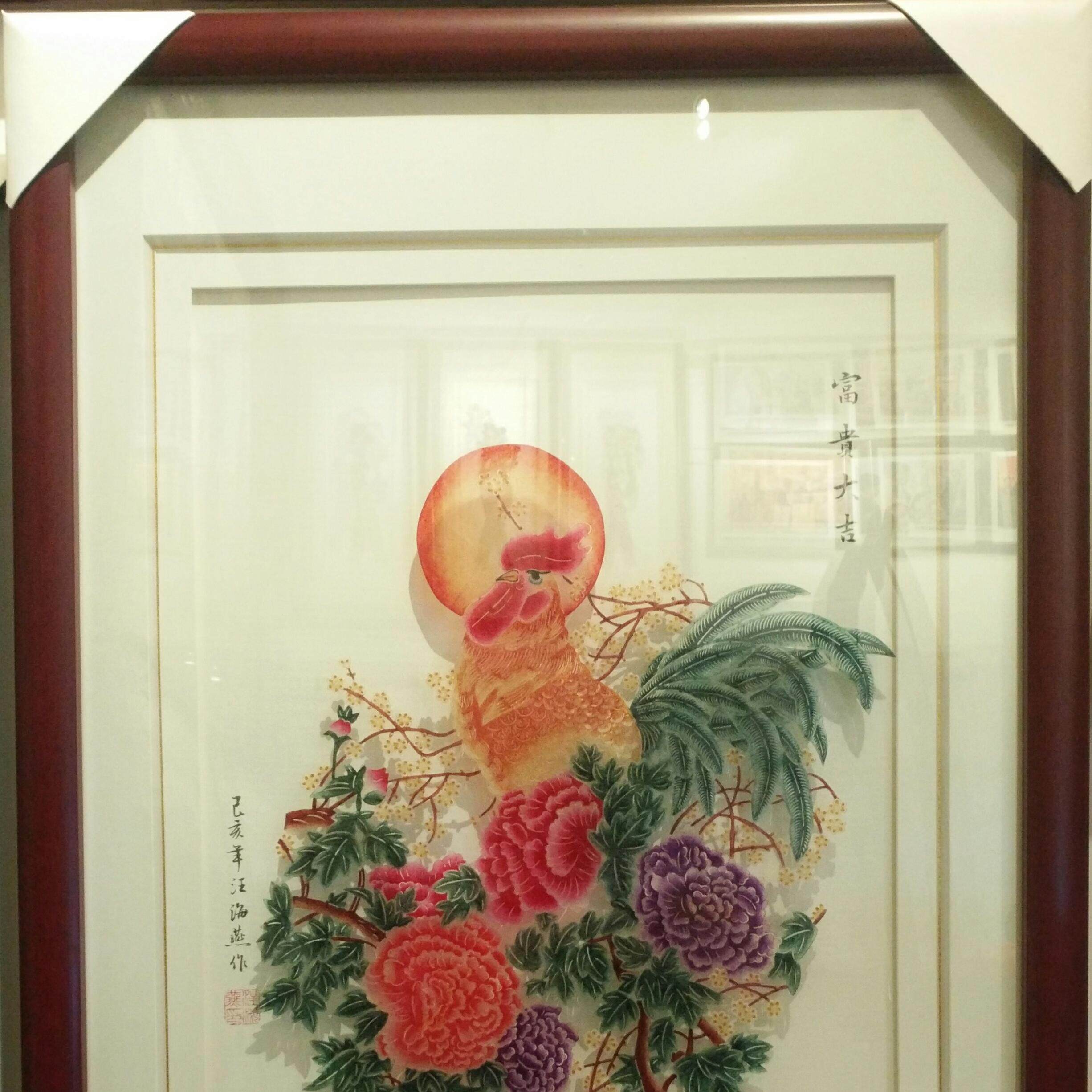 新中式入户实木框推拉客厅电表箱装饰画手绘牡丹花鸟画壁画