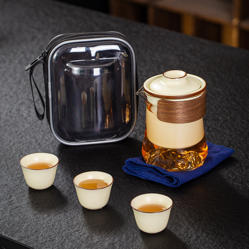 旅行茶具套装户外便携包快客杯一壶三杯汝窑陶瓷功夫茶杯玻璃