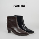 西红氏联盟 羊皮尖头气质时装 胎牛皮 新款 秀拉链短靴女 冬季
