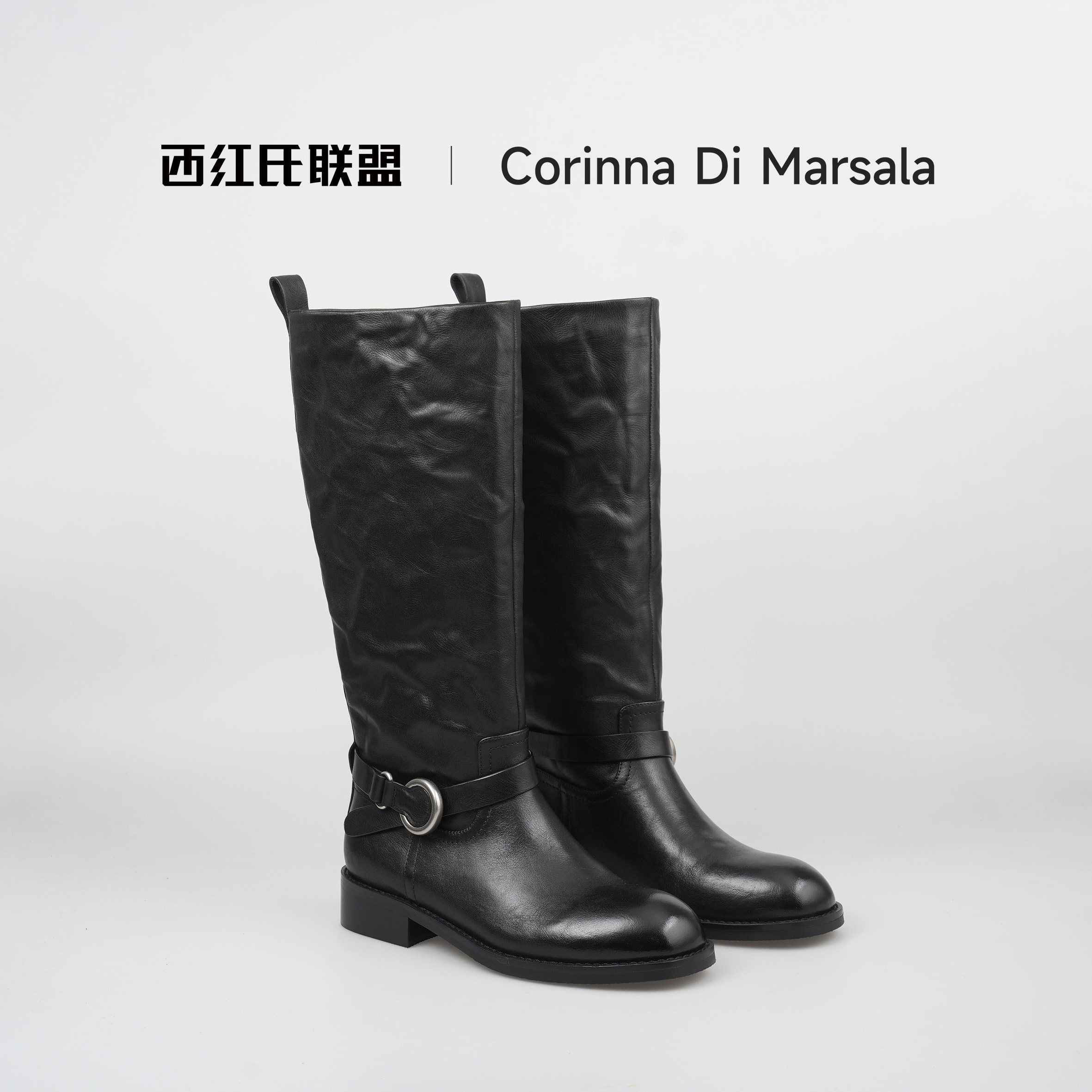 【西红氏联盟】新款头层牛皮圆头中跟简约百搭高筒骑士靴