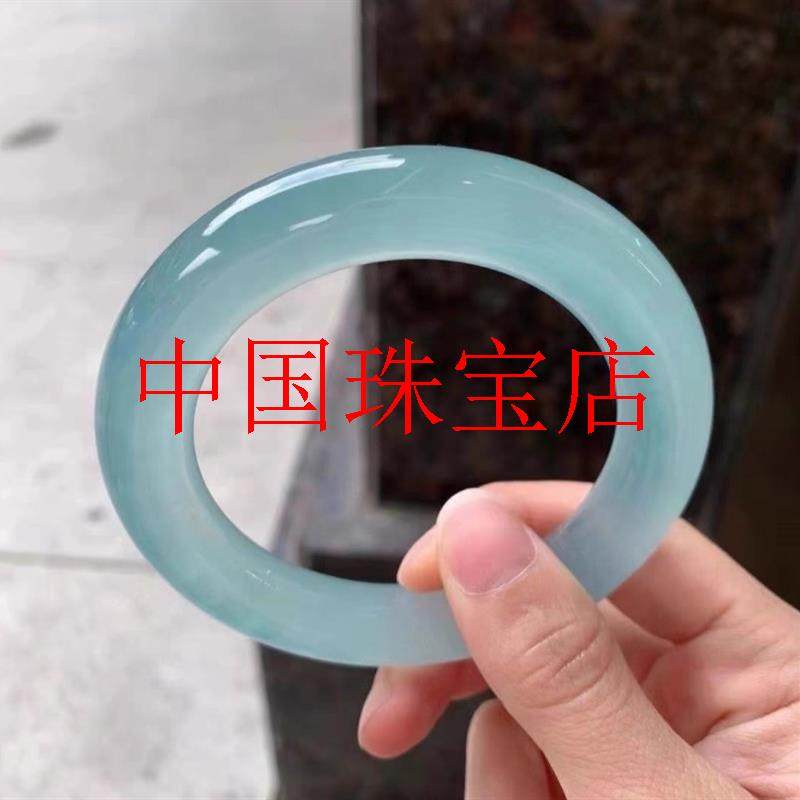 冰种蓝晴翡翠色蓝水胖圆条手镯蓝翡玉镯子飘花缅甸贵妃正圈美人条