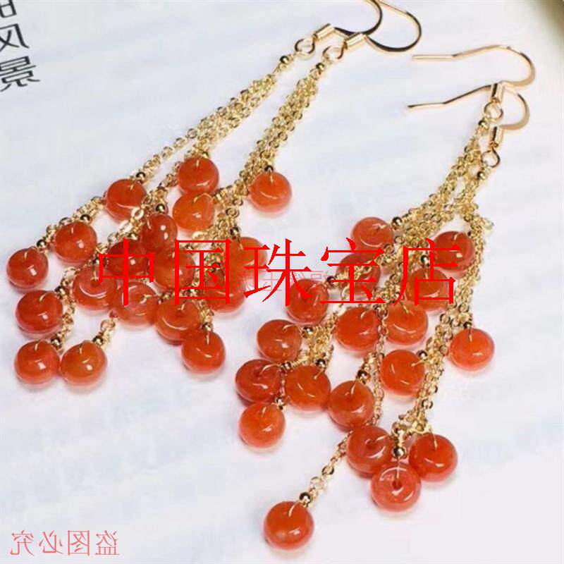 翡翠色红翡玉石算盘珠包金饰长款多圈耳线耳坠气质百搭女款耳饰品