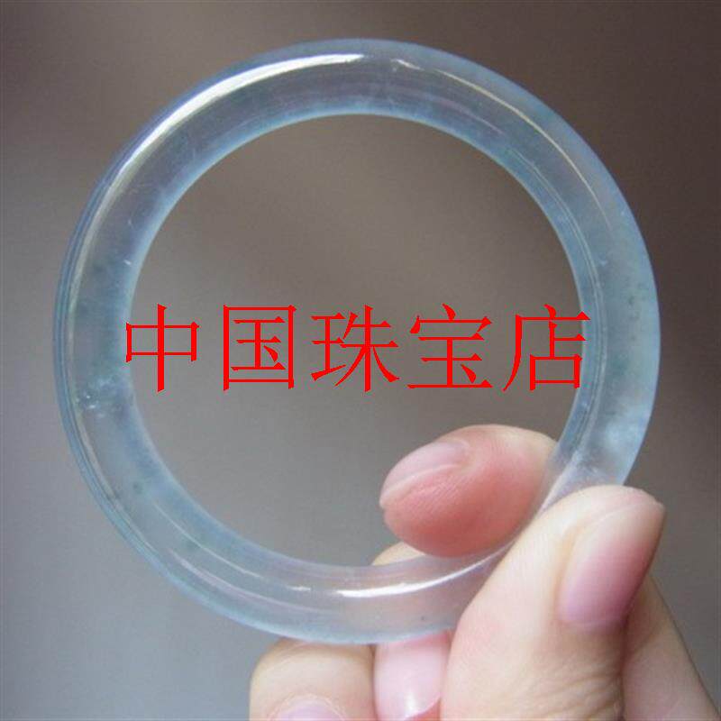 高冰种翡翠色玉石手镯女款飘蓝花起荧光圆条复古玉镯精选手镯饰品
