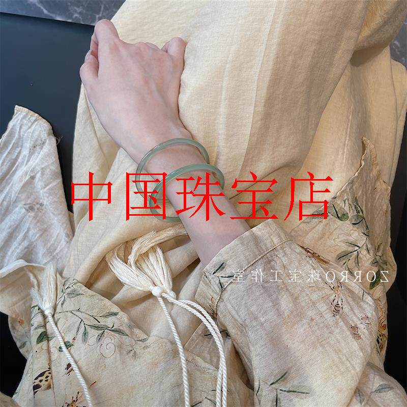 油青冰种翡翠色玉髓古风国风新中式叮当镯绿色半山半水细圆条手镯