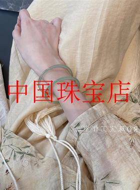 油青冰种翡翠色玉髓古风国风新中式叮当镯绿色半山半水细圆条手镯