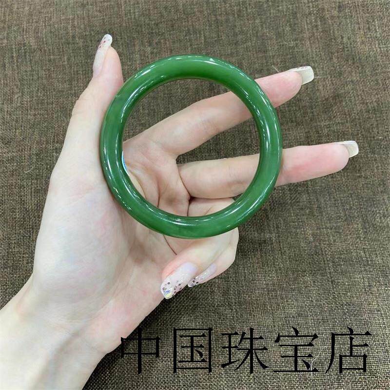新疆和田玉翠绿手镯少女款细圆条镯子高端碧绿色精选翡翠色玉石手