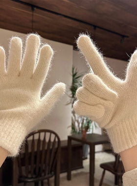 白色兔毛针织毛线手套女冬季纯色毛茸茸五指加厚保暖防寒骑行防风