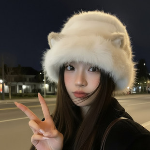 可爱猫耳朵毛绒绒渔夫帽子女款2025新款冬大头围保暖防寒护耳盆帽