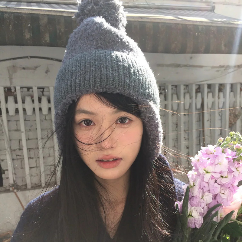灰色毛球针织护耳帽女秋冬大头围