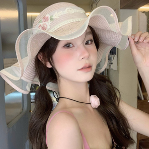 法式蝴蝶结蕾丝草帽女夏季海边大帽檐太阳帽遮阳度假风防晒帽子