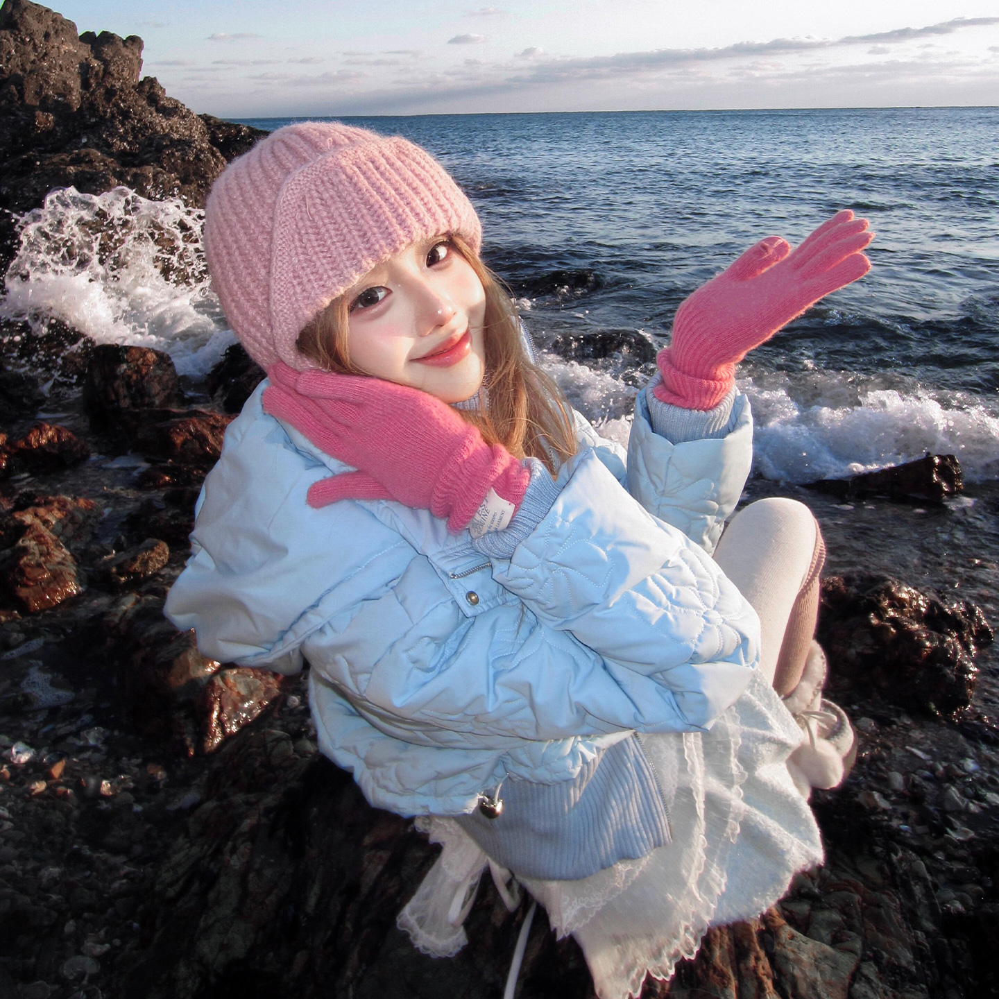 日系可爱粉色针织护耳帽女保暖