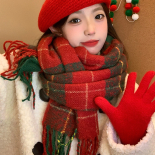可爱红色小熊针织围巾女生冬季保暖毛线围脖百搭圣诞礼物套装新年