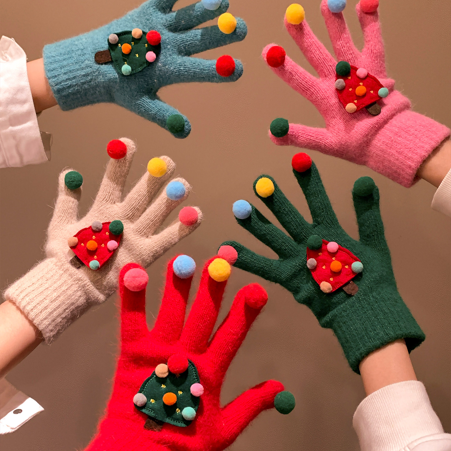 可爱小糖豆圣诞树针织毛线手套女