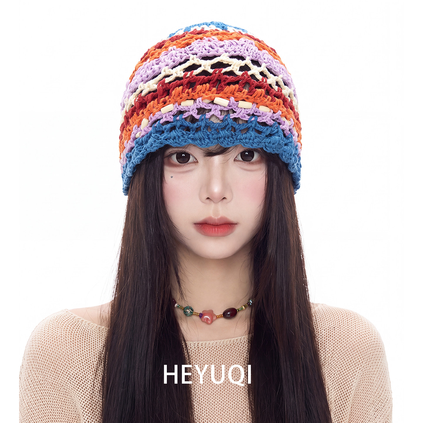 多巴胺彩色镂空针织帽女春秋季韩版显脸小包头帽出游套头毛线帽子