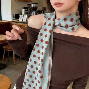 波点丝巾女法式复古高级感百搭绿色系脖围巾领巾头巾发带装饰腰带