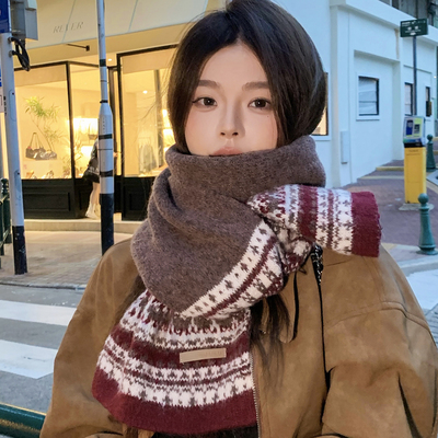 费尔岛风提花针织围巾女学生情侣