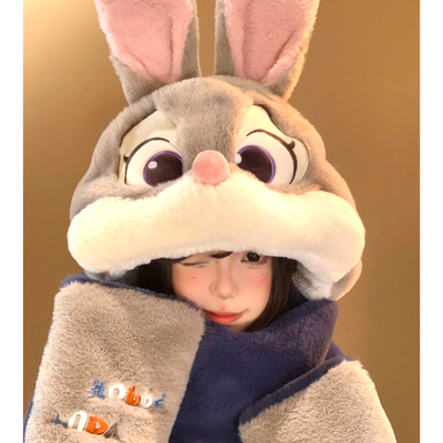 可爱朱迪警官帽子围巾一体女冬