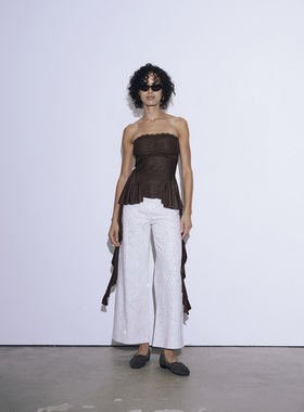 【Twice 同款】复古中古风棕色细闪弹力荷叶边抹胸