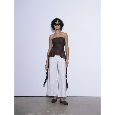 【Twice 同款】复古中古风棕色细闪弹力荷叶边抹胸