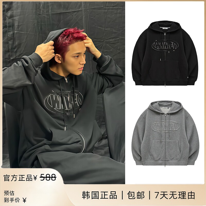 【官方正品】waikei卫衣连帽女复古字母贴布拉链外套男金珉奎同款