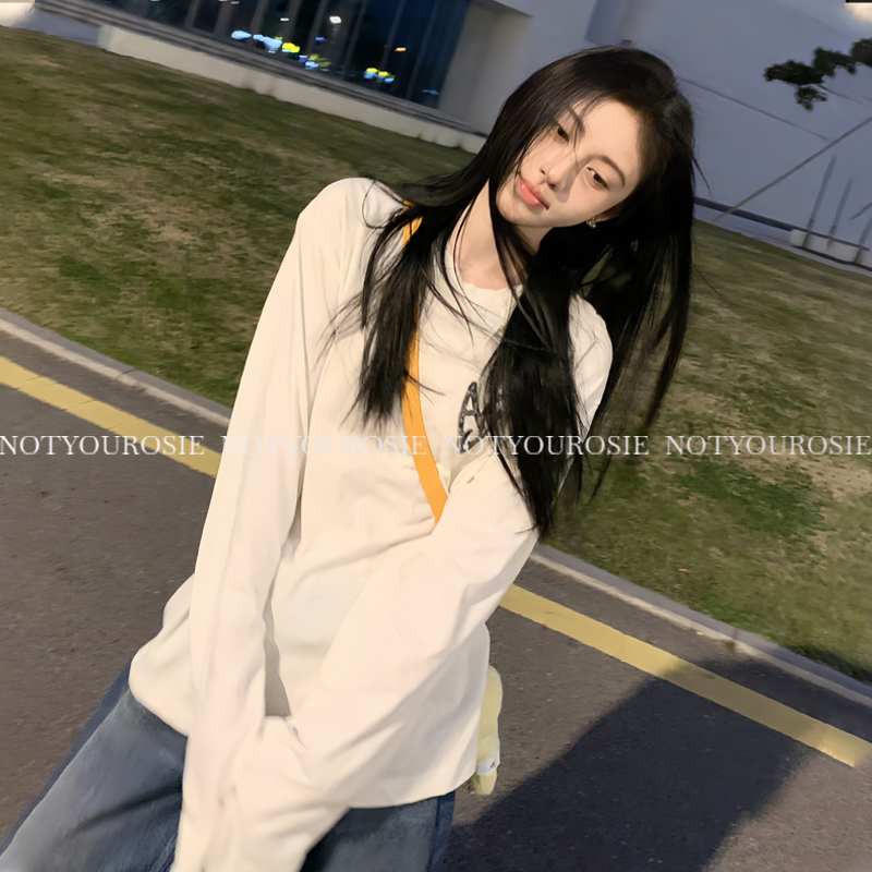 鞠婧祎同款~小众设计爱心印花长袖T恤女韩系休闲宽松罩衫打底上衣