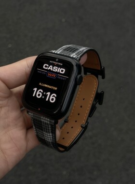 格纹H磁吸皮质表带适用于iwatchS11苹果手表applewatch10/SEUltra