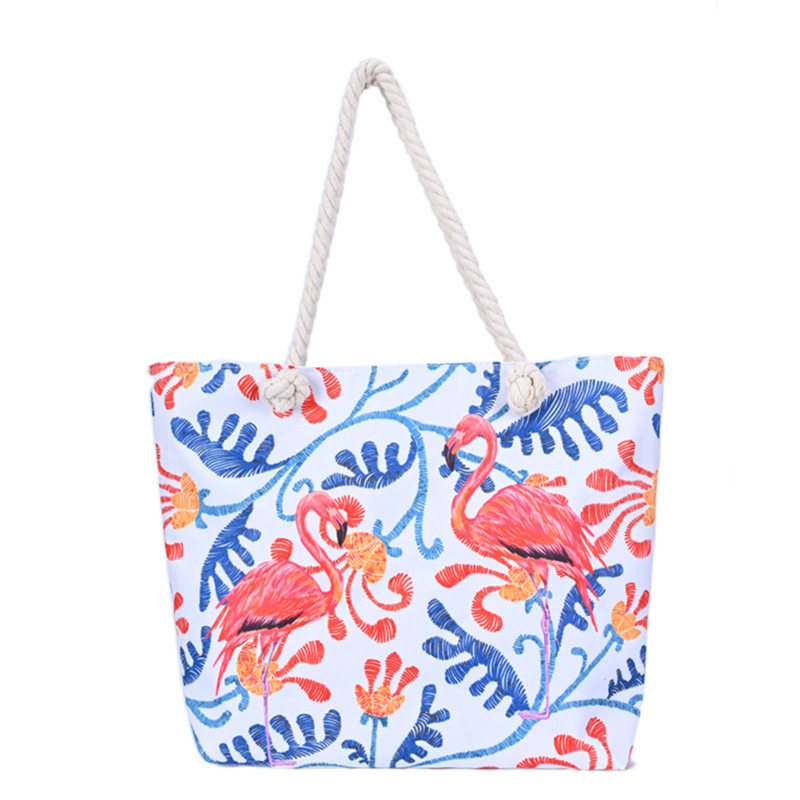 Flamingo printed beach bag 卡通火烈鸟印花沙滩包大容量单肩包