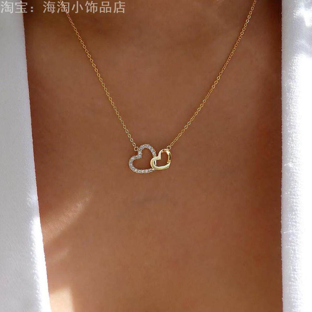 简约超可爱双桃心水钻拼接合金女