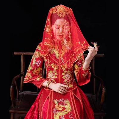 红盖头新娘结婚秀禾高级盖头出嫁头纱纱巾半透明蒙头红色喜帕