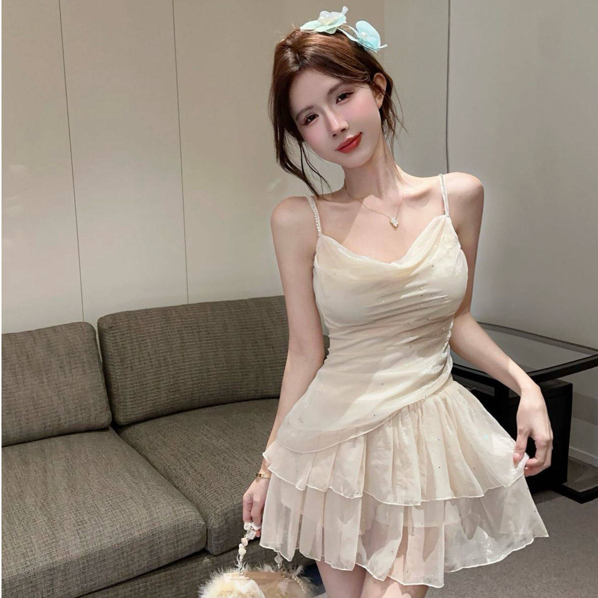 亮闪闪雪纺小吊带背心上衣女2024夏季纯欲套装蛋糕裙子两件套潮