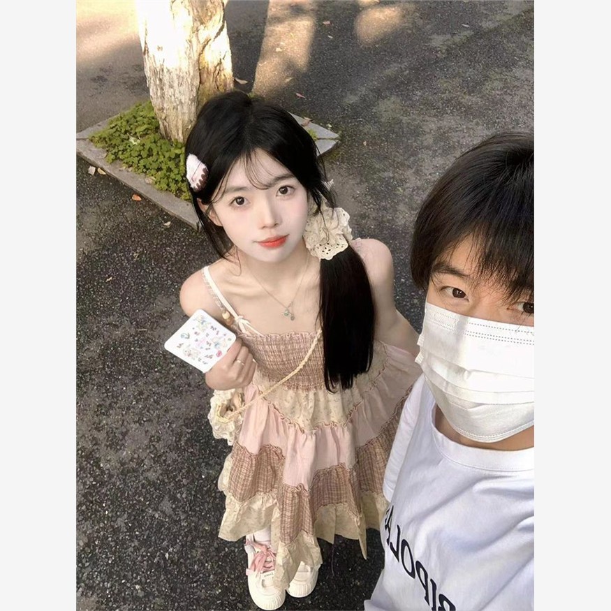 两件套甜美温柔风碎花拼接显瘦吊带连衣裙女学生夏季百搭镂空开衫