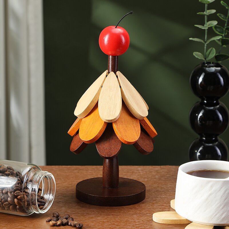 高级感圣诞树隔热垫餐桌摆件创意一棵树实木防烫锅垫折叠杯垫碗垫