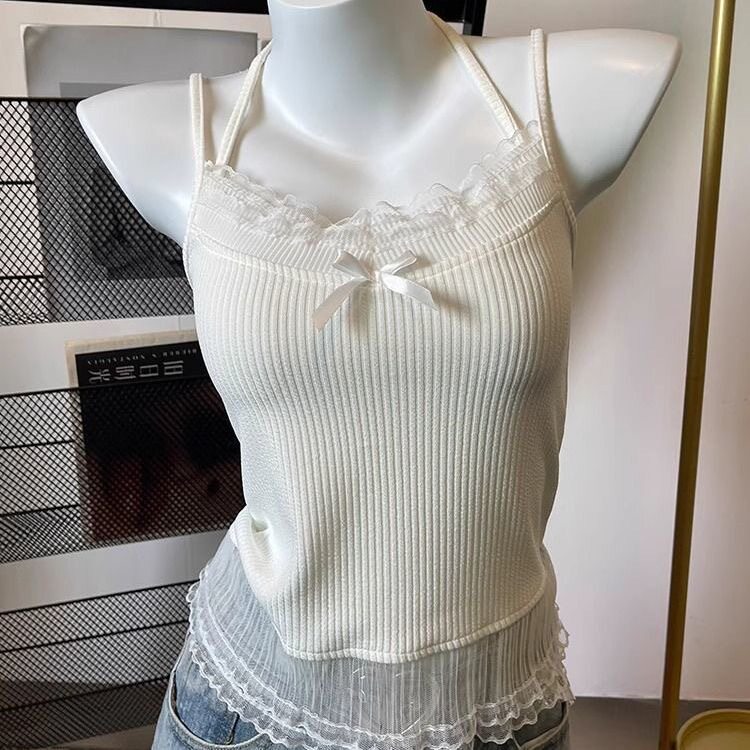 白色蕾丝吊带背心女内搭短款修身挂脖绑带打底纯欲风夏季新款上衣