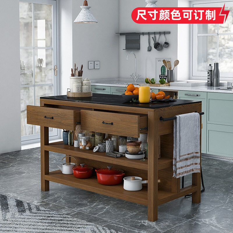 可移动中岛台单独料理台置物架餐桌一体开放式厨房吧台实木餐边柜图片