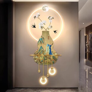 中古风千里江山图发光玄关装饰画LED带灯挂画新中式入户走廊壁画