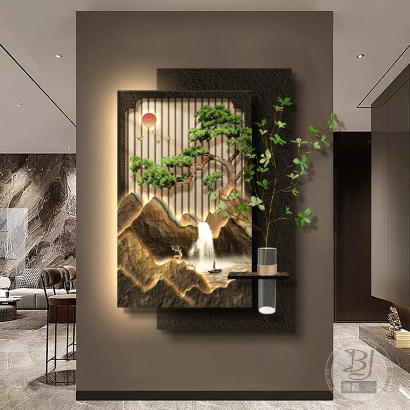 迎客松玄关装饰画高档立体壁灯画