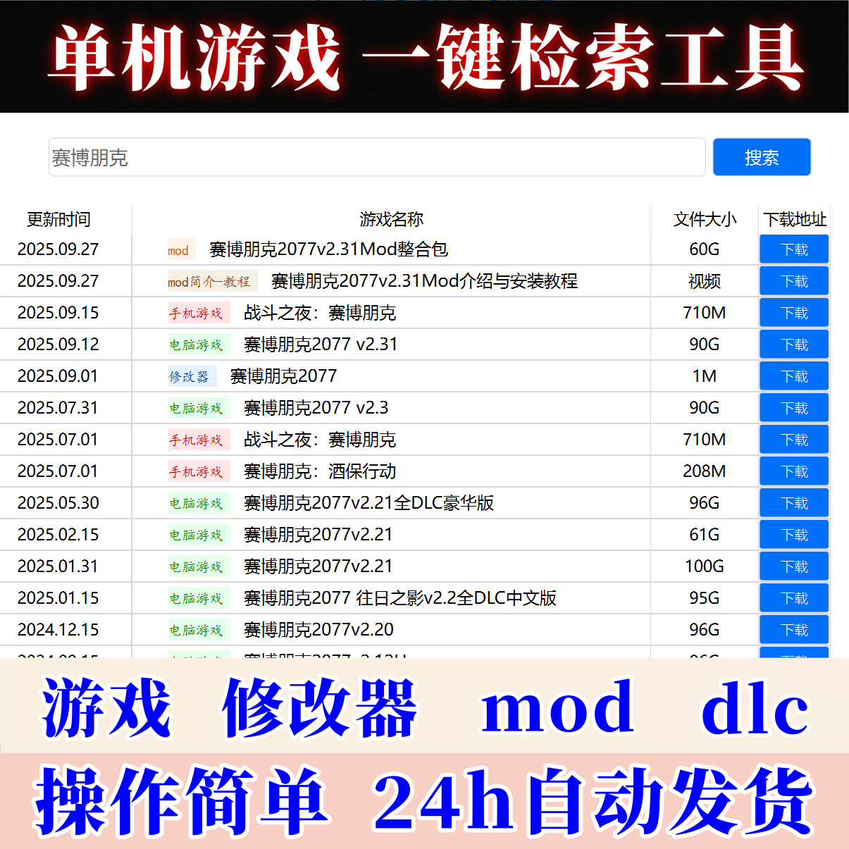 单机游戏一键检索工具游戏/修改器/mod/安装教程/dlc/包更新