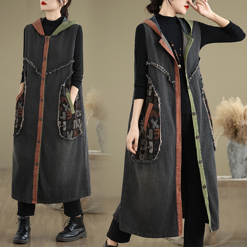 实拍大码复古宽松牛仔马甲背心带帽撞色拼接毛边休闲牛仔马甲外套