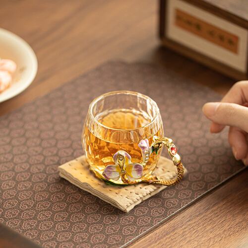珐琅彩水晶玻璃磨切茶杯主人杯把手品茗杯喝茶喝水杯精致下午茶