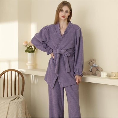 秋冬新款睡衣女纯色花边加绒加厚长袖长裤套装珊瑚绒保暖家居服