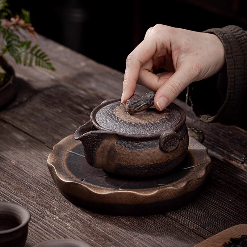 载福木盖手抓壶粗陶茶壶鎏金泡茶器陶瓷手工茶具家用中式复古单壶