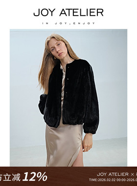 JOY ATELIER 水貂毛皮时尚潮流修身短款大衣女黑色圆领皮草外套