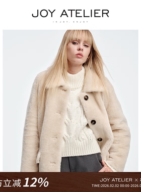 JOY0806 意式美人 米白色小翻领收腰短款澳洲美莉诺皮毛一体外套